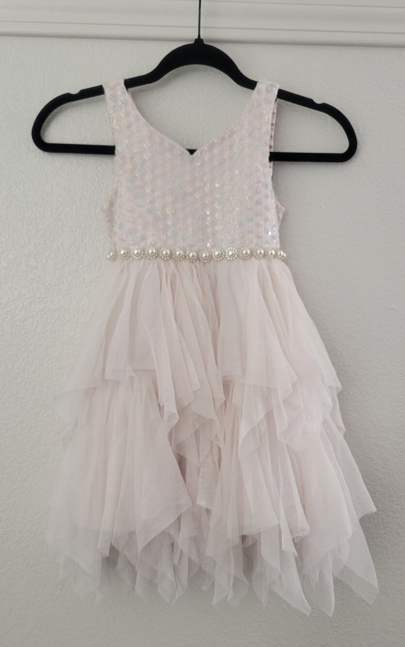 American Princess Girls Pink Sequin Tulle Hi Low Party Dress Size 6 Pearl Trim